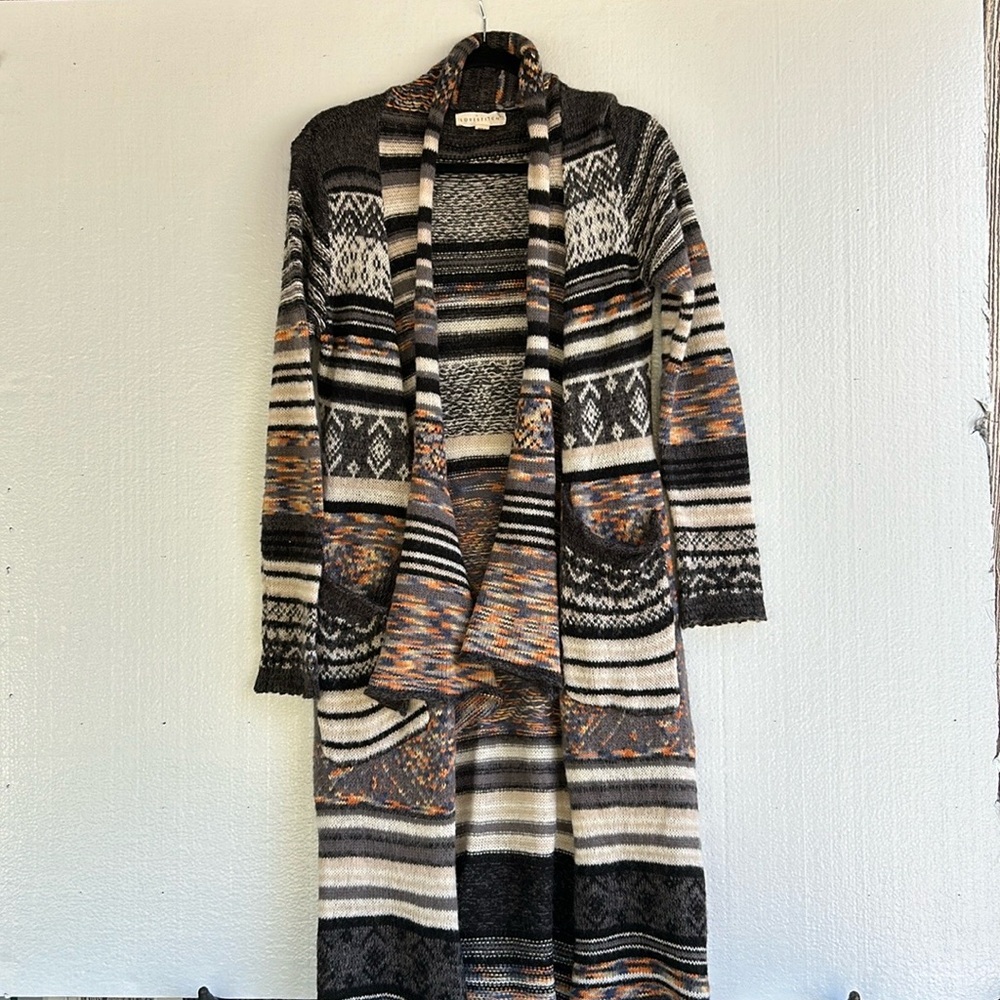 Love Stitch Black Multicolor Long Sleeve Long Duster Knit Cardigan‎ Women Sz M/L